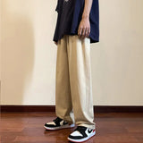 WIAOFELLAS  -  Men's Clothing Solid Color Elastic High Waist Pockets Spring Autumn Trousers Cargo Korean Fashion Casual Loose Straight Pants