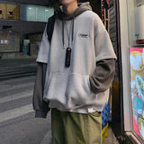 Wiaofellas  -  Loose Men's Hoodie Fake Two-Piece Sweatshirt Lazy Style Hong Kong Style Casual Long Sleeve Printed Polyester Fiber Spring Autumn