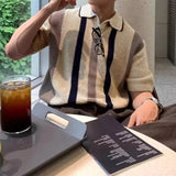 Wiaofellas  -  Stylish Striped Hollow Out Knit Polo Shirts Mens Vintage Polo Collar Button Knitted Tops for Men Summer Casual Breathable Polos