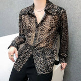 Wiaofellas  -  Mens Sexy Leopard Print Mesh See-Through Ice Silk Shirt Autumn Genderless Fashion Youth Nightclub Breathable Hollow Top Unisex