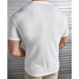 WIAOFELLAS  -  Men's Shirts Summer Turn-down Collar Stirpes Solid Waffle Casal Cardigan Loose Muscle Casual Short Sleeve Shirt For Male Tops