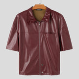 Wiaofellas  -  Solid Color Men Shirt Faux PU Leather Lapel Short Sleee Men Clothing Zipper Summer Streetwear Fashion Casual Camisa