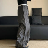 Wiaofellas  -  Vertical Striped Casual  Men's Pants Elastic Waist Lace-up Loose Straight Wide Legs Autumn New Male Trousers