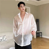 WIAOFELLAS  -  Trendy New Summer Men's Solid Color Turn Down Collar Loose Shirts Fashion Single-breasted Long Sleeves Blouses Male