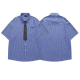 Wiaofellas  -  Japanese Style Casual Embroidered Plaid Short Sleeve Shirt Men's Loose Fit Tie Included Cotton Summer Shirt for Couples
