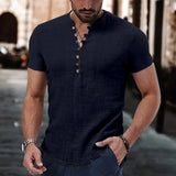 Wiaofellas  -  Men's Short Sleeve Linen Shirt Summer Lightweight Casual V-Neck T-Shirt Men Basic Solid Color Loose Fit Top