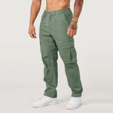Wiaofellas  -  Men Khaki Wide Leg Pants Summer Male Button Pocket Loose Straight Cargo Full Trousers