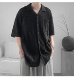 WIAOFELLAS  -  Korean Style Men's Shirts Lapel Hollow Out Knitting Single Breasted Tops Short Sleeved Pocket Loose Male Tops Trend