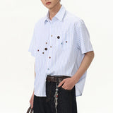 WIAOFELLAS  -  Niche Design Men's Shirts Turn-down Collar Vertical Stripe Single Breasted Button Decoration Short Sleeved Male Top