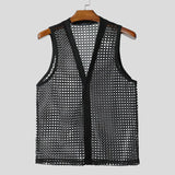 WIAOFELLAS  -  Men Tank Tops Mesh Hollow Out Solid Button Male Vests See Through Streetwear Summer 2025 Sleeveless V Neck Men Clothing