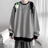 Wiaofellas  -  Long Sleeved T-shirt Men's Hong Kong Style Trend Ins Loose T-shirt Striped Sweatshirt Base Shirt Men's Top Coat