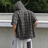 WIAOFELLAS  -  Men Plaid Shirt Hooded Short Sleeve Loose Casual Men Clothing Summer Korean Style Streetwear 2025 Male Shirts Tops S-5XL