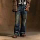 WIAOFELLAS  -  Men's Jeans High Street Trendy Denim Pants American Retro Washed Worn Straight Tube Versatile Micro Flared Casual Trousers