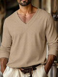Wiaofellas  -  Autumn New Men's Plaid Pattern Jacquard Fabric V-neck Casual Sports Off-shoulder Sleeve Long-sleeved T-shirt