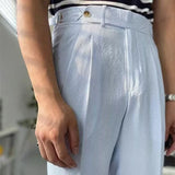 WIAOFELLAS  -  Fashion Men's Italian Style Naples Suit Pants Blue Stripes Seersucker High Waist Paris Buckle Trouser England Business Casual Pa