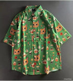 Wiaofellas  -  New Summer Graffiti Cartoon Cat INS Retro Short Sleeve Floral Shirt Hawaiian Beach Coast Outerwear Breathable Polyester Casual
