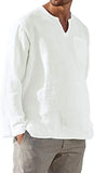 Wiaofellas  -  Men's Linen Shirt Solid Color Long Sleeve Breathable Tops V Neck Casual Blouse Hawaiian Shirt Loose Lightweight Shirts