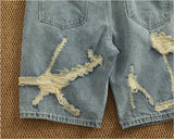 WIAOFELLAS  -  Ripped hole plankton handsome high street trend denim shorts men summer everything to do old washed pants five quarter pants