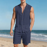 Wiaofellas  -  Breathable Summer Men'S 2 Piece Beach Vacation Set Sleeveless Stylish Shirts and Shorts Suit Outfits Jackets for Men Suit
