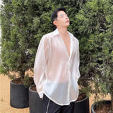 WIAOFELLAS  -  Trendy New Summer Men's Solid Color Turn Down Collar Loose Shirts Fashion Single-breasted Long Sleeves Blouses Male