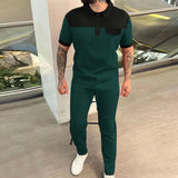 Wiaofellas  -  Men's New Waffle Color Patchwork Lapel Button Polo Shirt Short Sleeve Shirt Solid Color Trousers Two Men's Suit