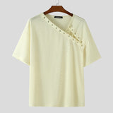 WIAOFELLAS  -  Men T Shirt Solid Short Sleeve Drawstring Lace Up Loose Male Tee Tops Streetwear Summer 2025 Korean Style Men Clothing