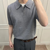 Wiaofellas  -  Summer Men Knitted Polo Shirt Retro Wheat Jacquard Solid Color Short Sleeve T-shirt Korean Casual Light Luxury Textured Knitwear