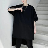 Wiaofellas  -  Mens Dark Plain Asymmetrical Mid Length T Shirt Streetwear Fashion Japanese Niche Youth Trendy Short Sleeve Top Men'S Clothing