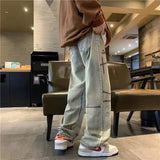 WIAOFELLAS  -  Fashionable Men's Autumn and Winter American High Street Jeans Loose Straight Wide Leg Drape Printed Versatile Pants