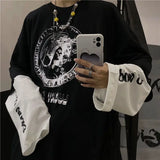 Wiaofellas  -  Men's Fake Two Pieces Printing Patchwork Loose Tops Spring Autumn Hip Hop All-match Youth T Shirts Casual Fashion Men Clothing
