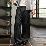 WIAOFELLAS  -  Men Striped Pants Button Joggers Loose Casual Wide Leg Trousers Men Streetwear Fashion Leisure Long Pants S-5XL