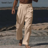 Wiaofellas  -  Leisure Mens Loose Cotton Linen Pants Spring Autumn Casual Solid Color Trousers Men Fashionable Pleated Straight Pants Male