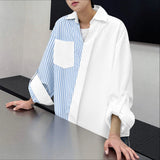 WIAOFELLAS  -  Men Shirt Striped Patchwork Lapel Long Sleeve Men Clothing Streetwear Korean Style Fashion Oversize Shirts Casual Tops