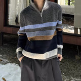 WIAOFELLAS  -  Fall Winter New Casual Knit Polo Sweaters Men Vintage Striped Crochet Knitting Jumper Tops Mens Trendy Long Sleeve Slim Sweater