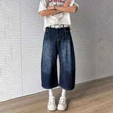 WIAOFELLAS  -  Fashion Men's Irregular Patchwork Design Wash Denim Cropped Pants Trendy Summer High-waisted Wide Leg Jeans Male