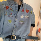 WIAOFELLAS  -  Japanese Fashion Retro Distressed Washed Denim Shirt Korean Version Summer New Vintage Couple Tops Short Sleeves Aesthetic