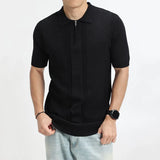 Wiaofellas  -  Men Solid Color Knitted Polo Shirt Short Sleeve Zipper Lapel Casual Breathable Slim Fit Daily Wear Business Top New Arrival