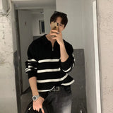 WIAOFELLAS  -  Korean semi-zipper striped color-blocking men's autumn and winter style trendy and versatile warm lapel sweater jacket