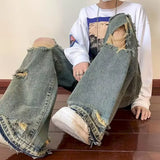 WIAOFELLAS  -  Spring Summer Men's Wear Casual Jeans Men New Korean Fashion Personalized Straight Tube Hole Male Trousers Vintage Wide Leg