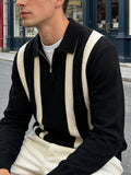 Wiaofellas  -  Vintage Striped Patchwork Polo Sweaters Men Spring Daily Casual Long Sleeve Zip-up Lapel Sweater Fashion Mens Knitted Jumper Top