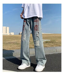 WIAOFELLAS  -  High Street Ripped Printed Jeans for Men Loose Straight Legs for Teenagers Trendy Hip-hop Long Pants