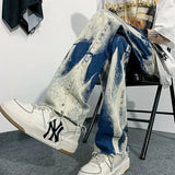 WIAOFELLAS  -  Street Trendy Asymmetric Tie Die Gradient Design Sense High End Slim Narrow Edition Jeans Zipper Button Pockets Straight Pants