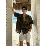Wiaofellas  -  New Lazy - style Plaid Loose Short - sleeve Shirt for Men, Casual Beach Vacation Linen - like Breathable Top
