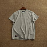 Wiaofellas  -  Summer New American Retro Short Sleeve Henry Collar Solid Color T-shirt Men's Simple 71% Cotton Washed Casual Loose Tops