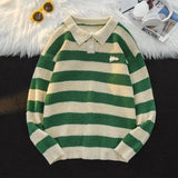 WIAOFELLAS  -  Retro POLO Lapel Striped Sweater Men's College Contrasting Color Loose and Versatile