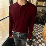 WIAOFELLAS  -  Men T Shirt Solid Color Lace Up Long Sleeve Casual Male Tee Tops Streetwear Korean Style Fashion Men Clothing S-3XL