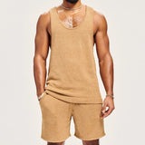 Wiaofellas  -  Daily Casual Knitted Two Piece Sets Men Fashion Pure Color Sleeveless Knitting Vest And Shorts Mens Outfits Summer Leisure Suits