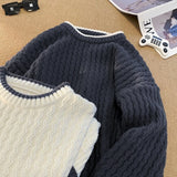 WIAOFELLAS  -  Coarse Knitting Twist Sweater Men's Autumn and Winter Round Neck Pullover Sweater Korean Colorblocking Knit Pullover Sweater