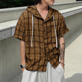 WIAOFELLAS  -  Men Plaid Shirt Hooded Short Sleeve Loose Casual Men Clothing Summer Korean Style Streetwear 2025 Male Shirts Tops S-5XL