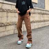 WIAOFELLAS  -  Spring American Cargo Pants Men Vintage Loose Skinny Straight Brown Jeans High Street Hems Zippered Denim Trousers